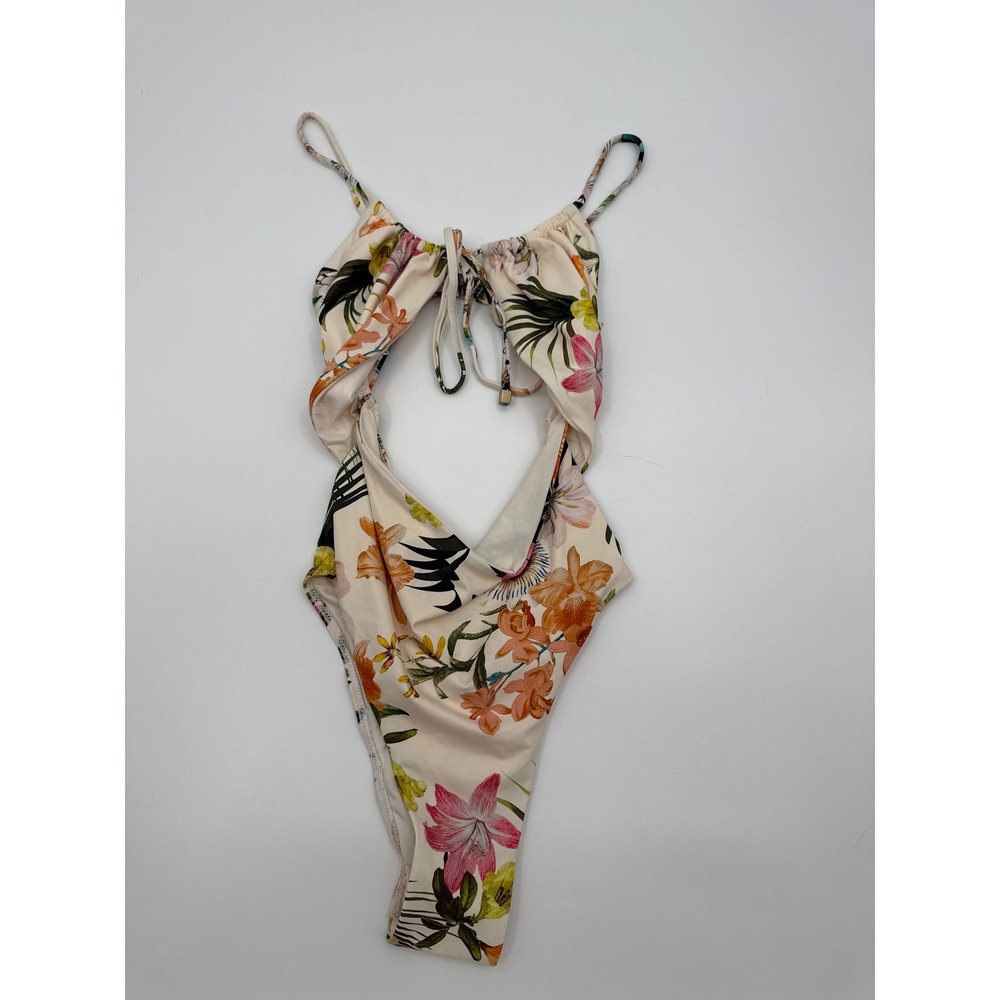 ENVYA Floral Cutout One Piece Swimsuit Cream Tropical Tie Front XS S0469B